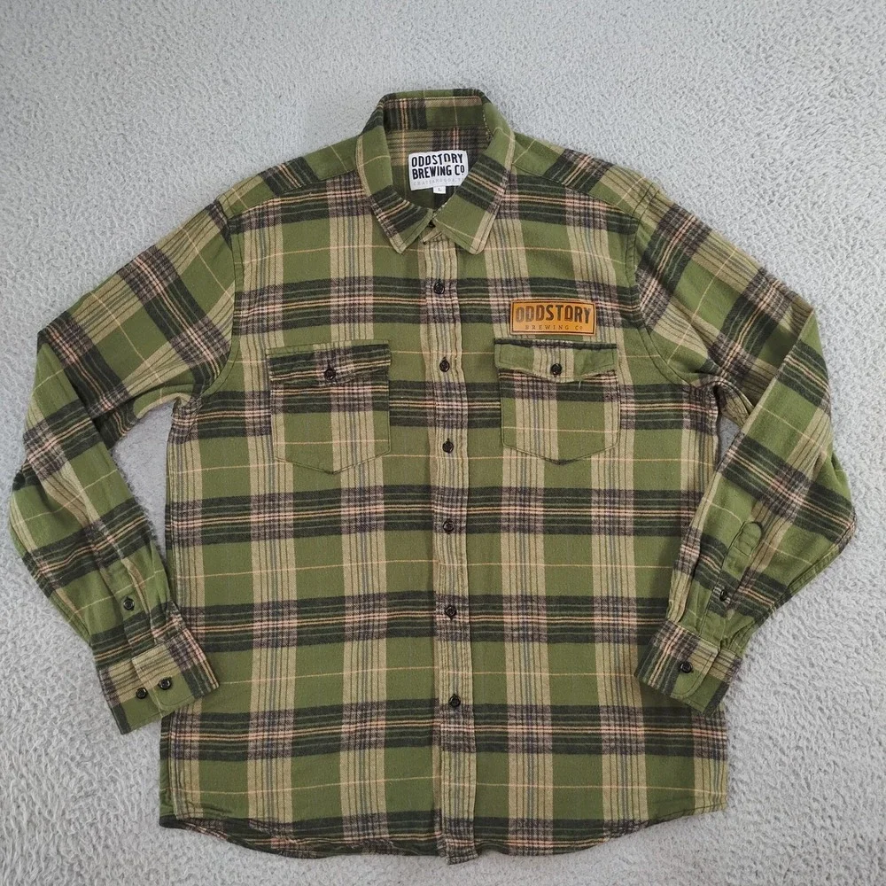 Oddstory Brewing Co Flannel Shirt Men Large Green Plaid Button Up Chattanooga